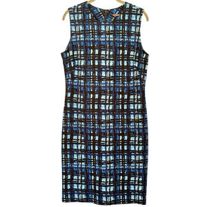 J. McLaughlin Size L Blue Black Abstract Plaid Jersey Sheath Dress Sleeveless